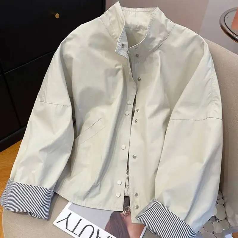 

Preorder Women's Loose Casual Short Striped Jacket Stand Collar Spring Autumn Wear New 2025 Style Top Full Sleeve Length