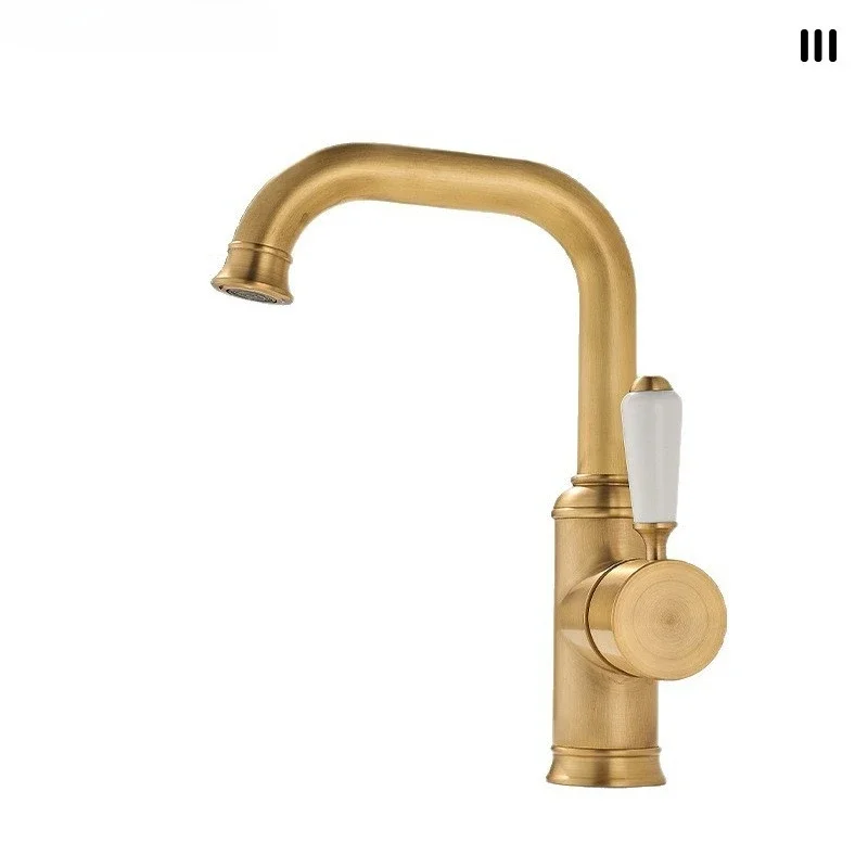 Luxury Vintage Brass Basin Faucet Single-Hole Bathroom Sink Faucet for Home Use Kitchen Hot & Cold Water Faucet