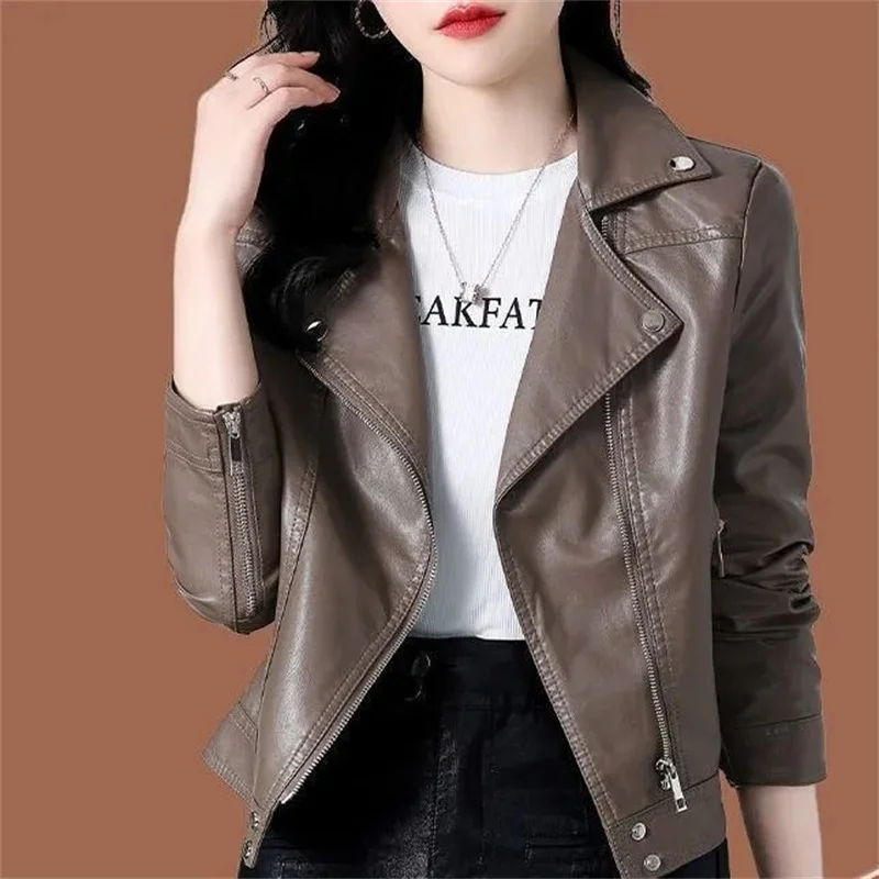 2025 nova moda macia jaqueta de couro da motocicleta das mulheres primavera nova jaqueta de lapela de couro curto fino casaco casual feminino