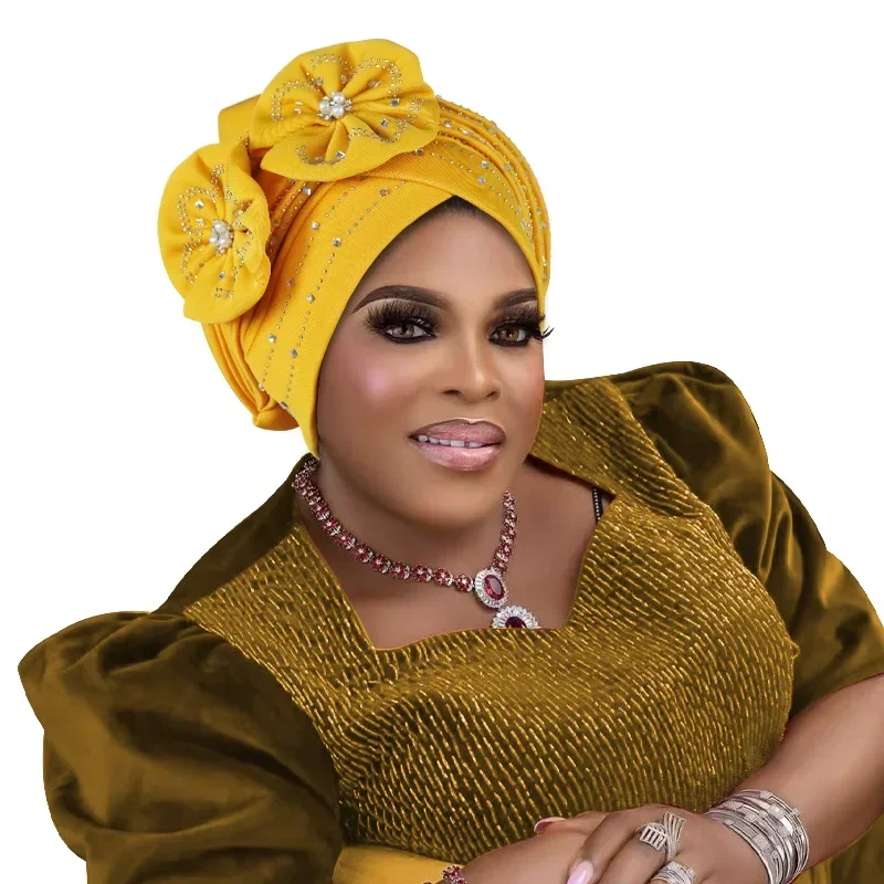 النساء الضفائر عمامة أحدث ربطة الرأس الأفريقية الماس رئيس التفاف Aso Oke النيجيري الزفاف Geles قبعة مسلم زهرة الحجاب بونيه قبعة
