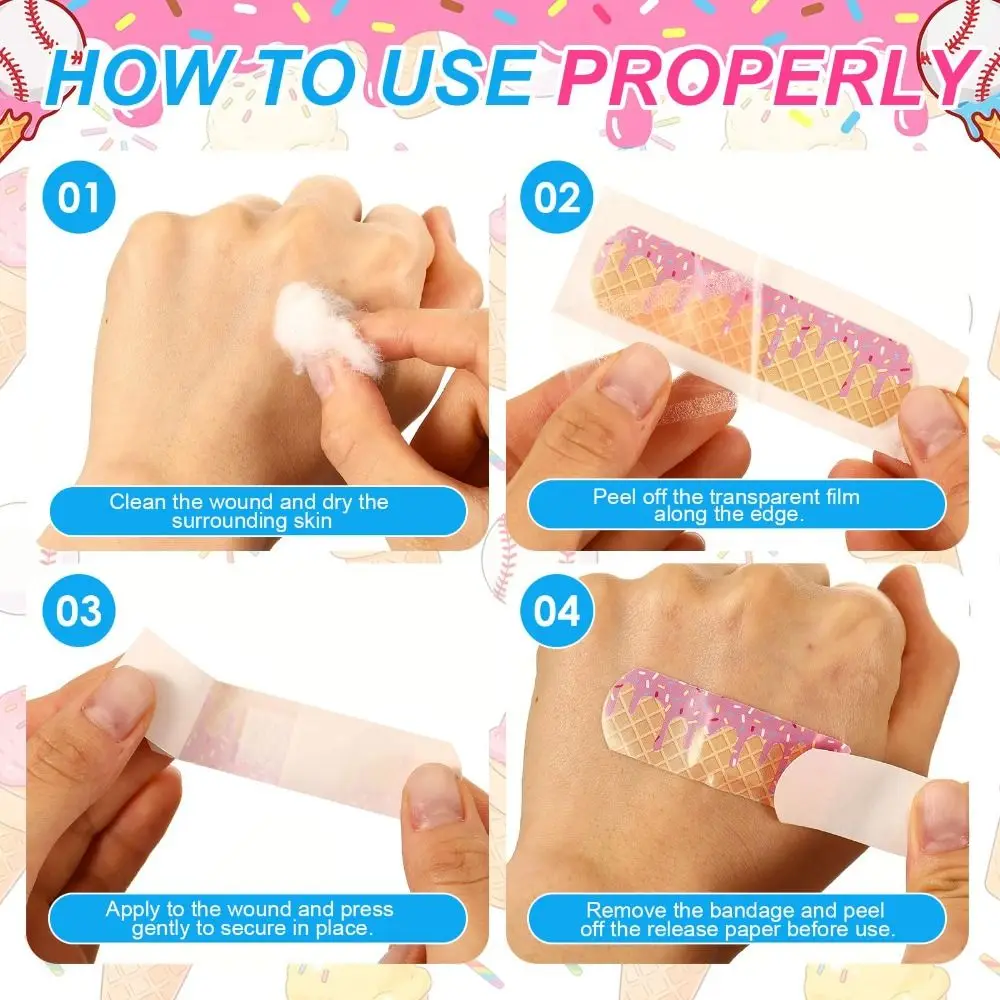 Waterproof Cartoon Adhesive Bandages 7.2x1.9cm Adhesive Backing First Aid Plasters Ice Cream Pattern Breathable