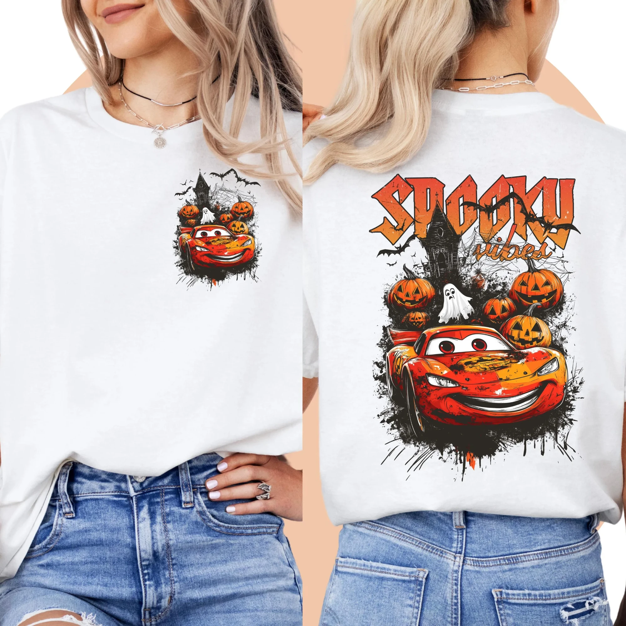 قميص ديزني كار للهالوين، تي شيرت Lightning McQueen Trick or Treat، ملابس نسائية لعائلة ديزني لموسم الأشباح