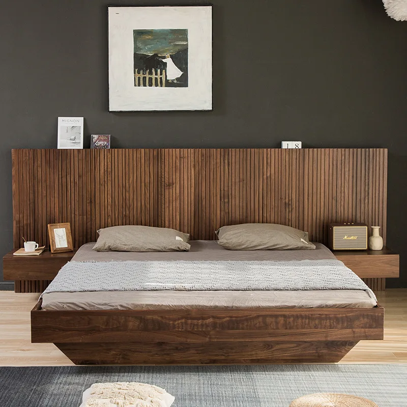 

Nordic black walnut all solid wood double bed modern simple air pressure box minimalist storage bed tatami
