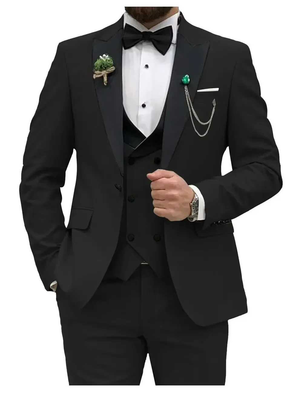 Slim Fit Men Suits Groom Formal Business Male Blazer Set Peak Lapel Party Wedding Three Pieces (Jacket+Vest+Pants) Set