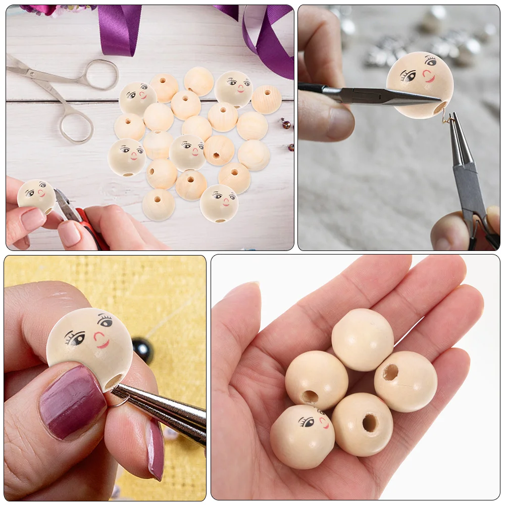 Beads With Face Round Wooden Smile Face Beads Wood Loose Round Spacer With Hole DIY Children\'S Beads Log Color Face Head