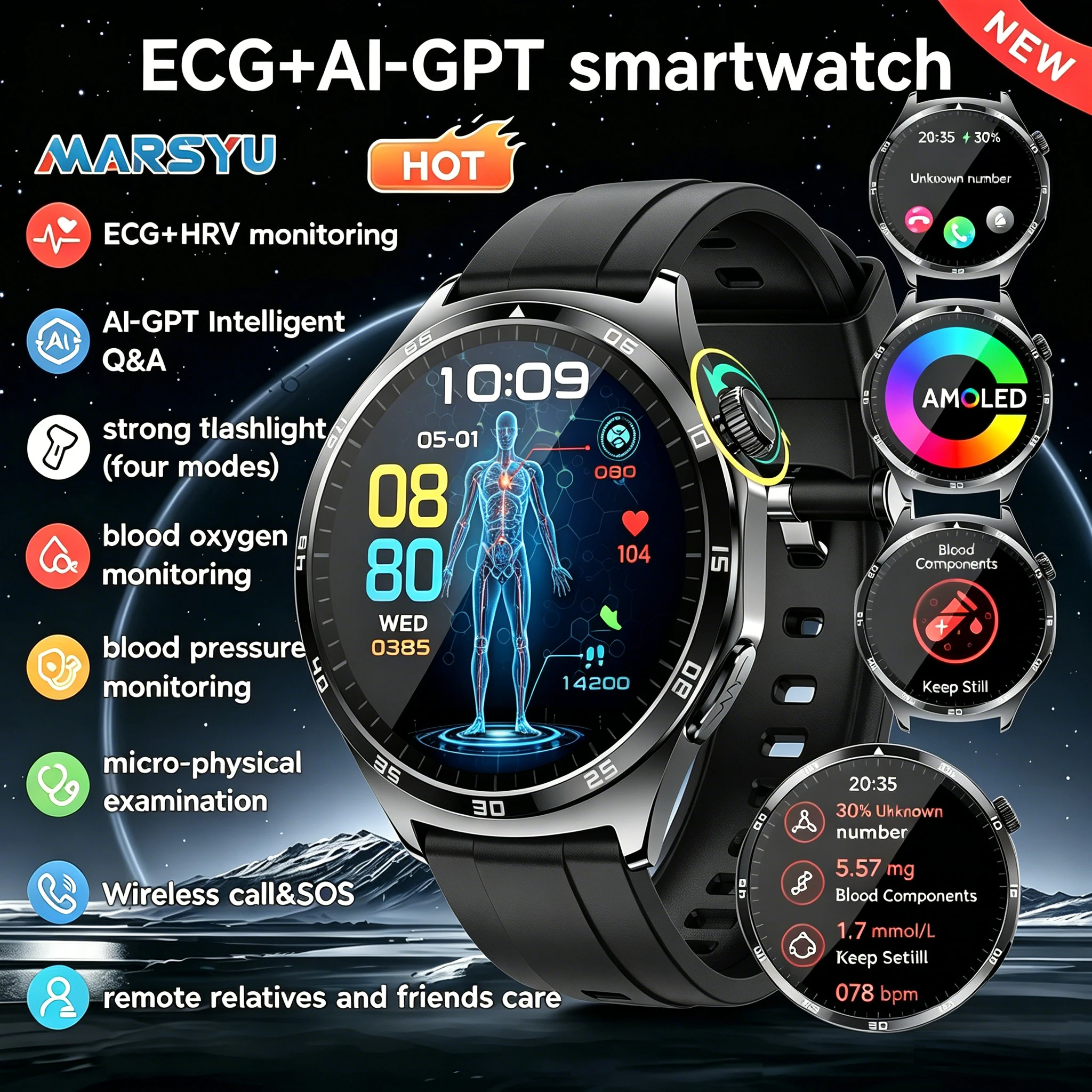 Marsyu ECG+PPG HRV Oxygen Health SmartWatch Blood Lipid Uric Acid Micro-examination Flashlight Voice Call Smart Watch Men Women