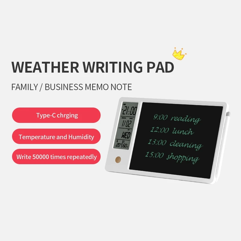 Clock Calendar LCD Writing Tablet Electronic Digital Graphic Drawing Weather Pad Temperature Humidity Display