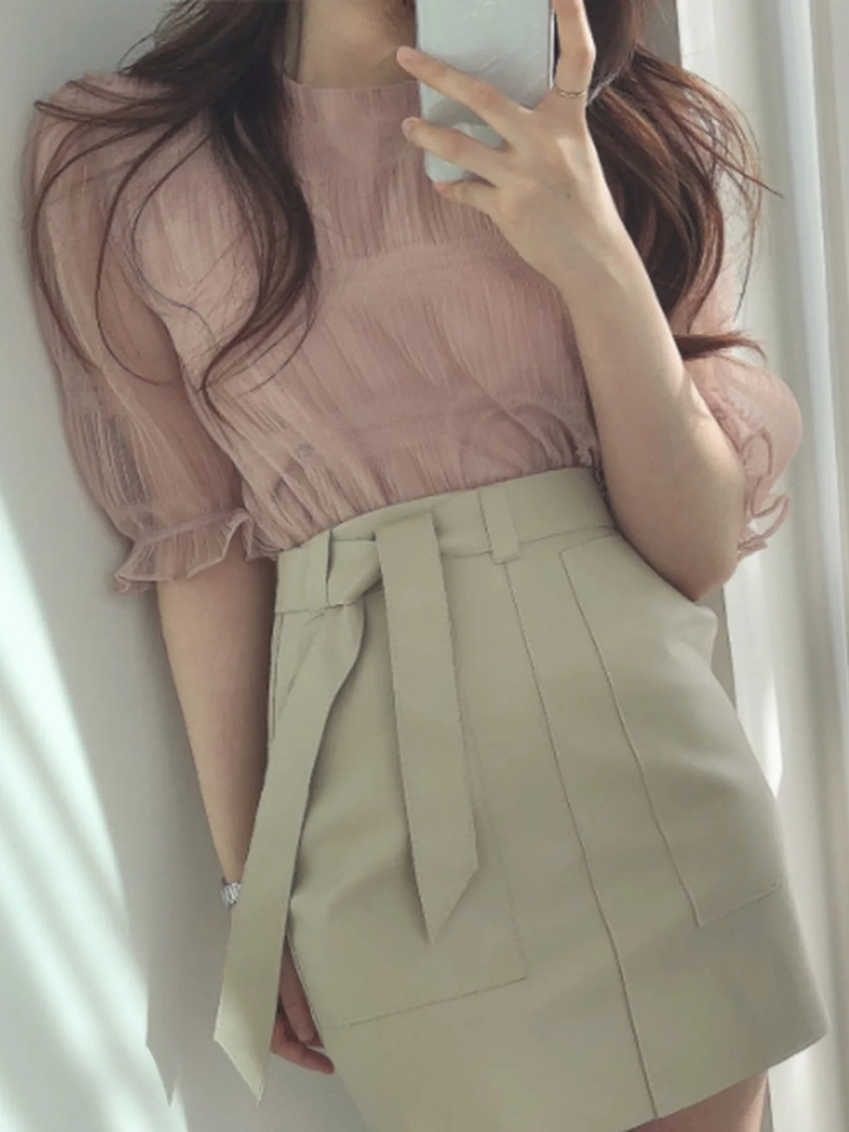 

Chic Lightweight Chiffon Bubble Sve Women's Top Korean Sle Pleated Summer Faion Design Sense Overhead irt