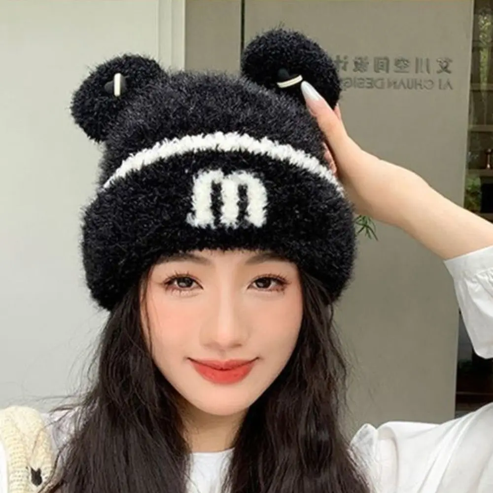 Thick Warm Cat Ear Beanie Material Winter/Autumn Wear Winter Cap Heart Decoration Letter Pattern Beanie Hat Outdoor Activities