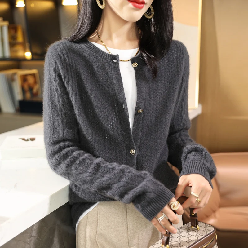 100% Merino wool new autumn and winter women's sweater crewneck cardigan Fashion Chinese style warm bottom knit shirt top