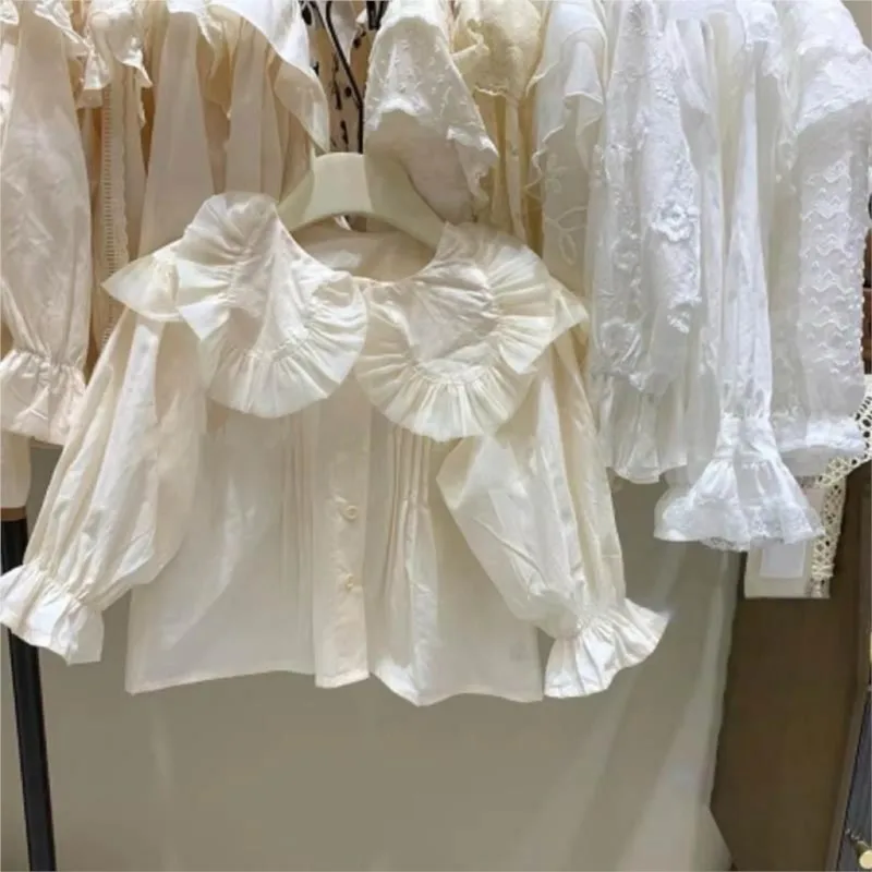 Fashion Baby Girl Cotton Blouses Ruffled Collar Infant Toddler Girl Pincess Solid Color Shirt Long Sleeve Top Baby Clothes 1-7Y