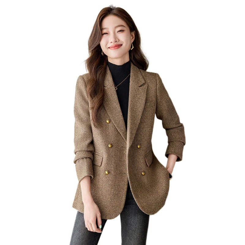 Women\'s Short Woolen Suit Jacket 2024 New Autumn and Winter French Style Coat High-grade Houndstooth Loose Casual Lady Suit Top