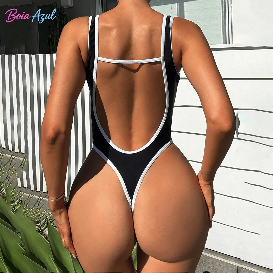 Black White Contrast Piping One Piece Swimsuit U Neck Sleeveless Classic Tummy Control Slimming Swimwear Women Beach Bodysuit