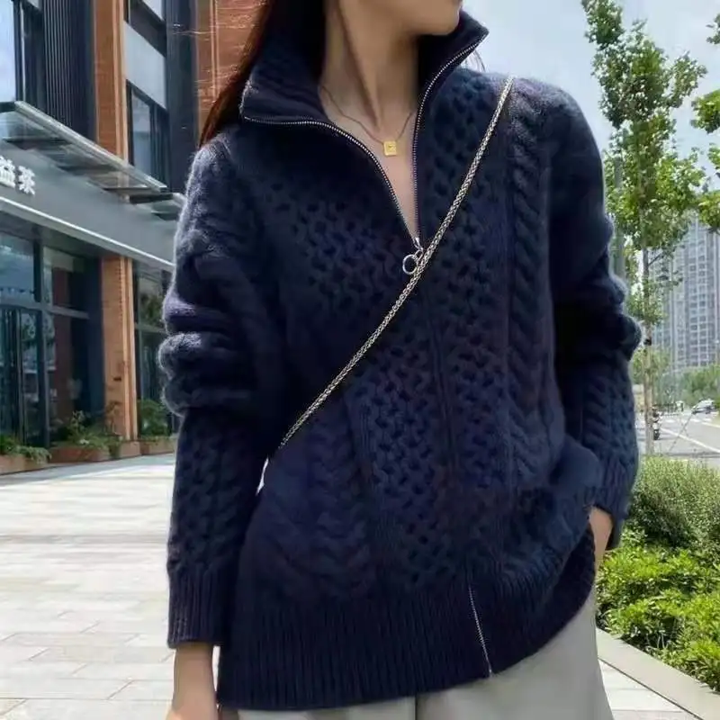 

100% Merino Wool New Chic Women's Long Sleeve Sweater High-Neck Zipper Cardigan Spring Autumn Warm Fashion Knit Women Coat