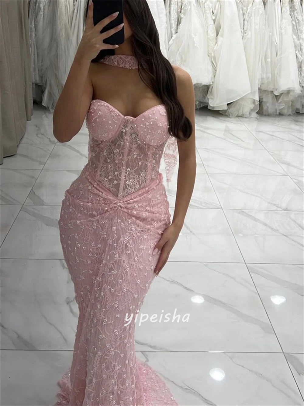 Customized Fashion Women Lace Beading Pleat Mermaid Evening Dresses Sexy Retro Sweetheart Sleeveless Floor Lenght Prom Dresses