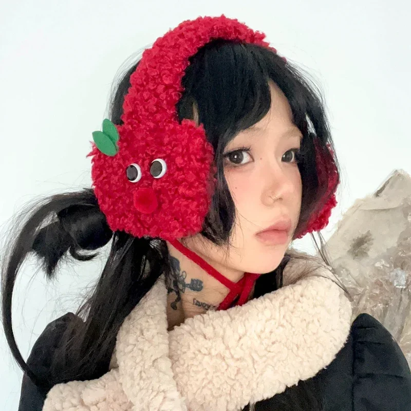 Cute Apple Shape Design Red Plush Earmuffs for Women Autumn and Winter Warm Ear Protection Fashion Versatile Straps Hairband