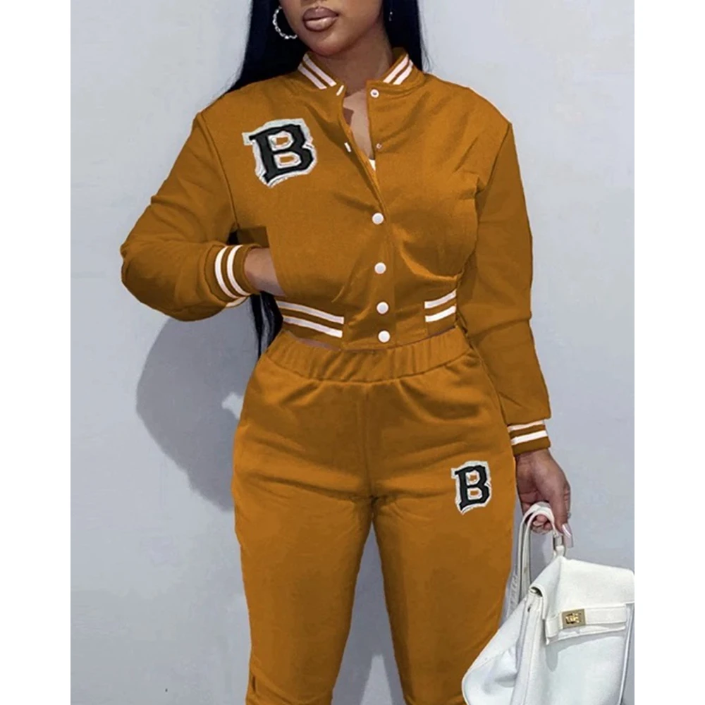 Letter Pattern Striped Baseball Jacket and High Waist Pants Set for Women Casual 2-Piece Long Sleeve Set Autumn Fashion 2024