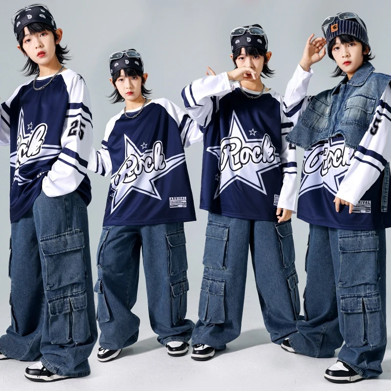 Street Dance Kostuum Jongens Denim Hip Hop Broek Kinderen Jazzdans Slijtage Oversize Tops Cool Stadium Pak Danser Team Kleding AMY1325