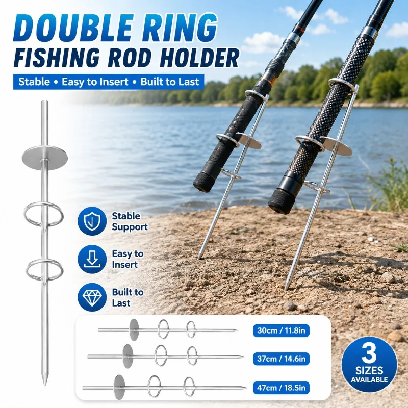 Double Ring Fishing Rod Holder Ground Spike, Heavy Duty Metal Bank Fishing Rod Stand for Shore Surf Sea Fishing Outdoor Angling