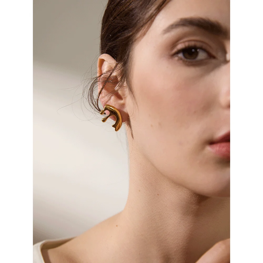 Yhpup Stylish Unique Design Golden Stainless Steel Geometric Unusual Stud Earrings for Women Chic Creative Daily Jewelry Gift