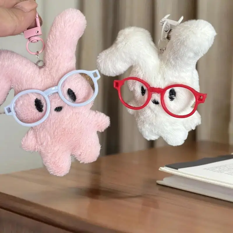 Soft Cartoon Bunny Keyring with Red Glasses; Perfect for Student Backpack Decoration and Couple Gifts