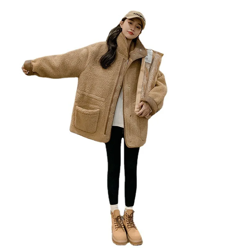 Vintage Jacket Thick Warm Solid Suede Jacket Motorcycle Loose Women\'s Coat Lambswool Drawstring Waist Khaki Cotton Outerwear