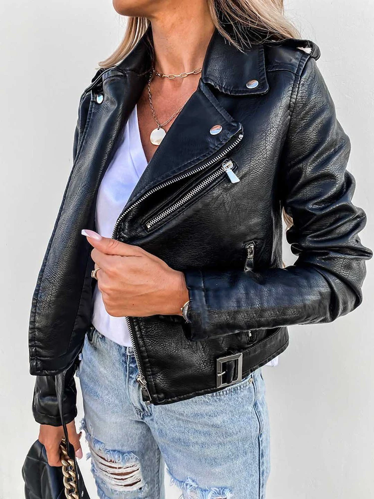 Vintage Leather PU Style Cool Club Coats Women Streetwear Long Sleeve Zipper Jackets Turn Down Collar Slim Female Solid Outwear