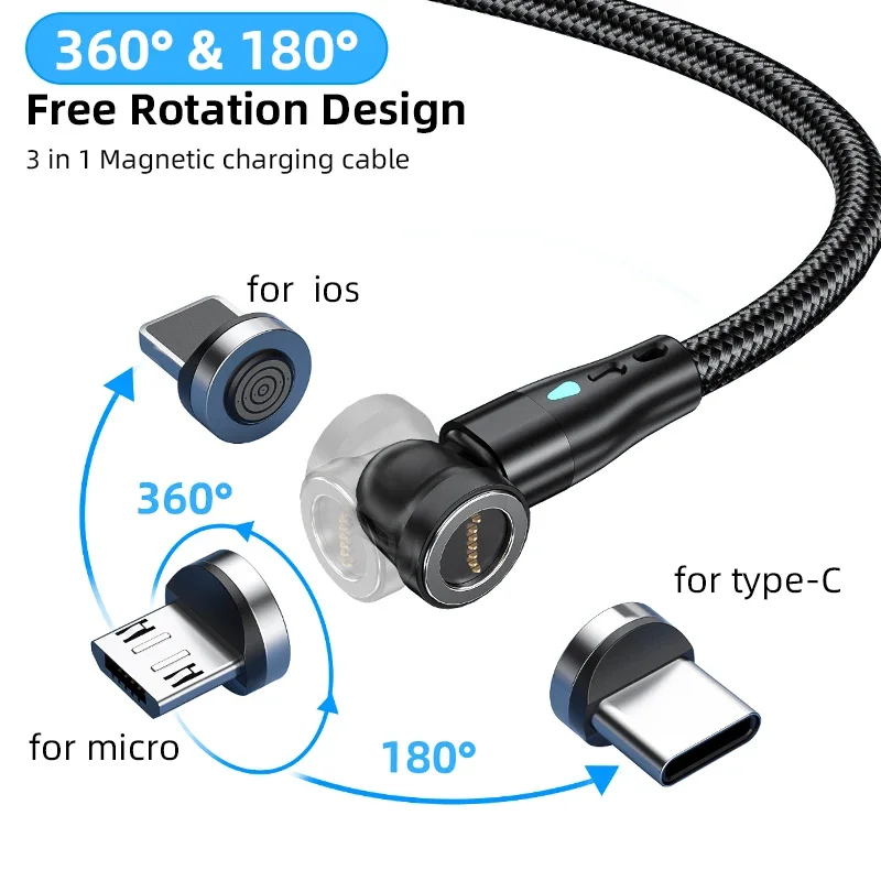 540 cable Magnetic USB 3 in 1 fast charging cable L shape & straight 3A USB data Cable For Android Type C i-pho