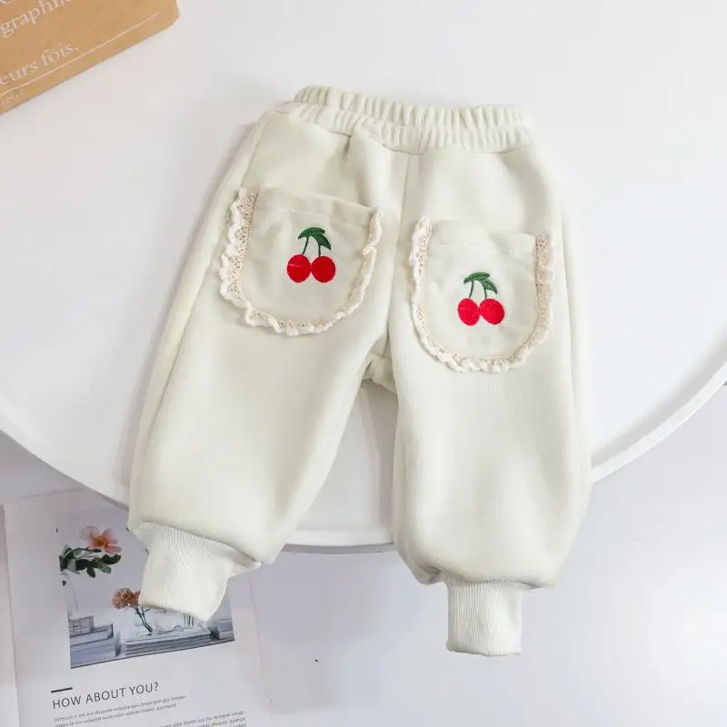 LYY-Winter Clothes for Girls Western Style Cute Velvet Sweatpants Children Thickened Warm Ankle-Tied Trousers Children Tide