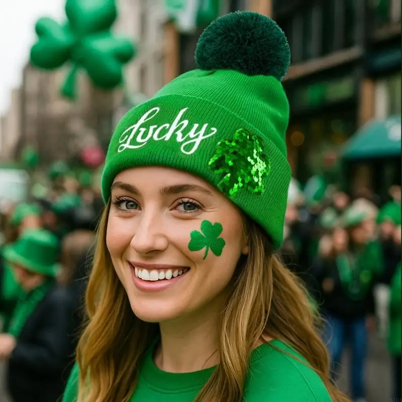 Irish Shamrock Brimless Hat for Adult Comfortable Skull Hat for StPatricks Day 6XDA