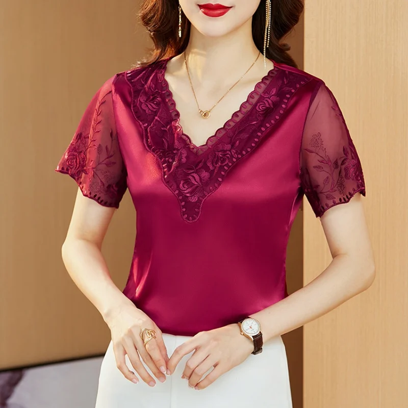 2024 Summer New Fashion Short Sleeve Satin Lace Shirt and Blouse Stitching Embroidery Tops Elegant Youth Women\'s Clothing 19128