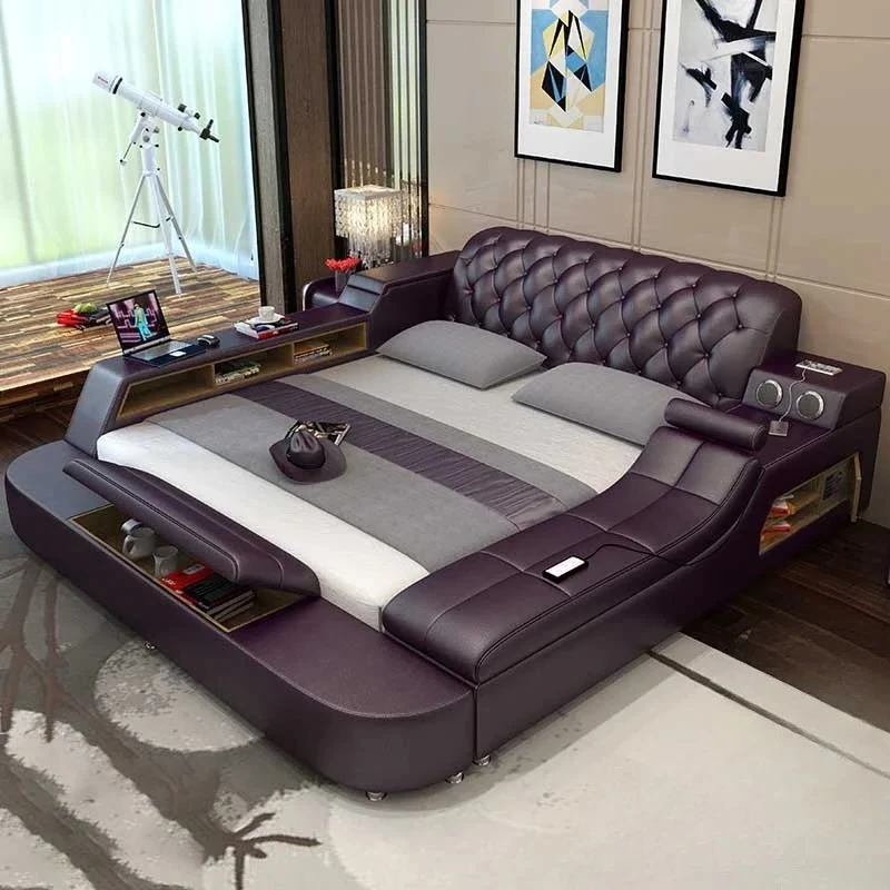 

King Size Royal Nordic Bed Frames Queen Shelves Storage Multifonction Wood Luxury Bed Modern Design Sleeping Lit Home Furniture