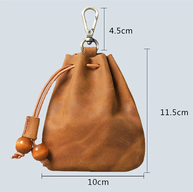 Handmade  Genuine Leather Unisex Coin Purse Portable Money Pocket With Metal Hook Retro Drawstring Wallet Storage Bag Wholesale