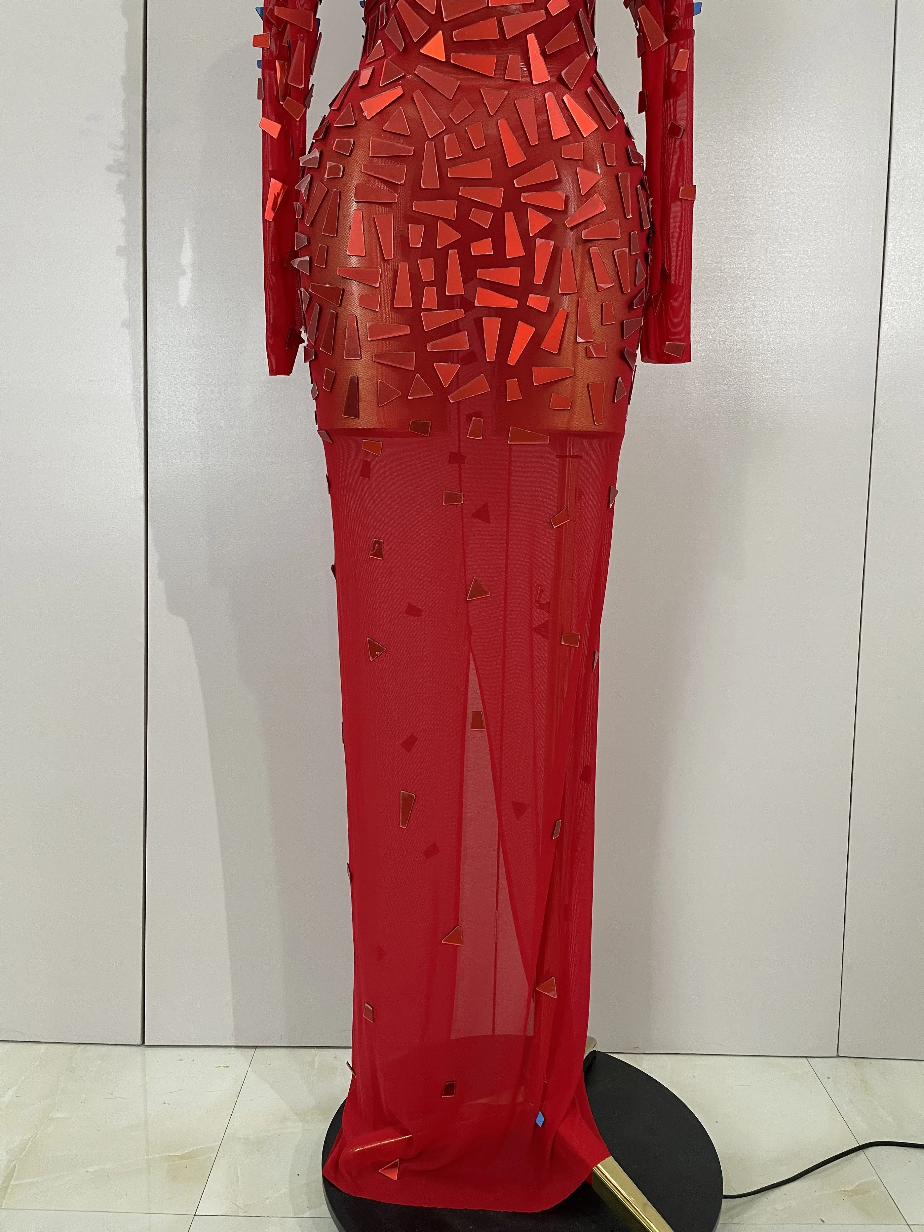 Vestido de cumpleaños de lujo con lentejuelas brillantes, vestido largo elástico transparente de malla roja, ropa para celebrar la boda, noche, graduación, disfraz de escenario para Club