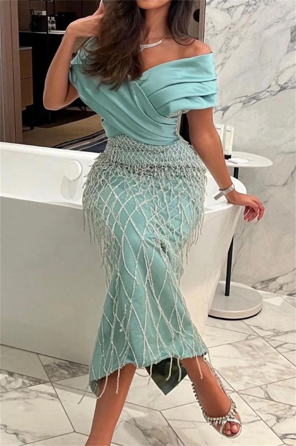 Elegant V-neck Mermaid Sequin Evening Dresses Pleated Off Shoulder Short Sleeves Party Gowns Prom Dresses vestidos de noche