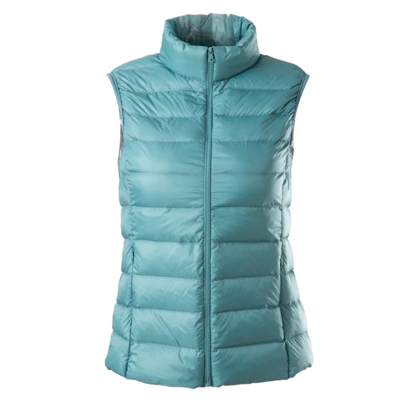 Abrigo ultraligero de plumón de pato para mujer, chaqueta fina con cuello levantado, chaleco acolchado a prueba de viento, sin mangas, portátil, Invierno