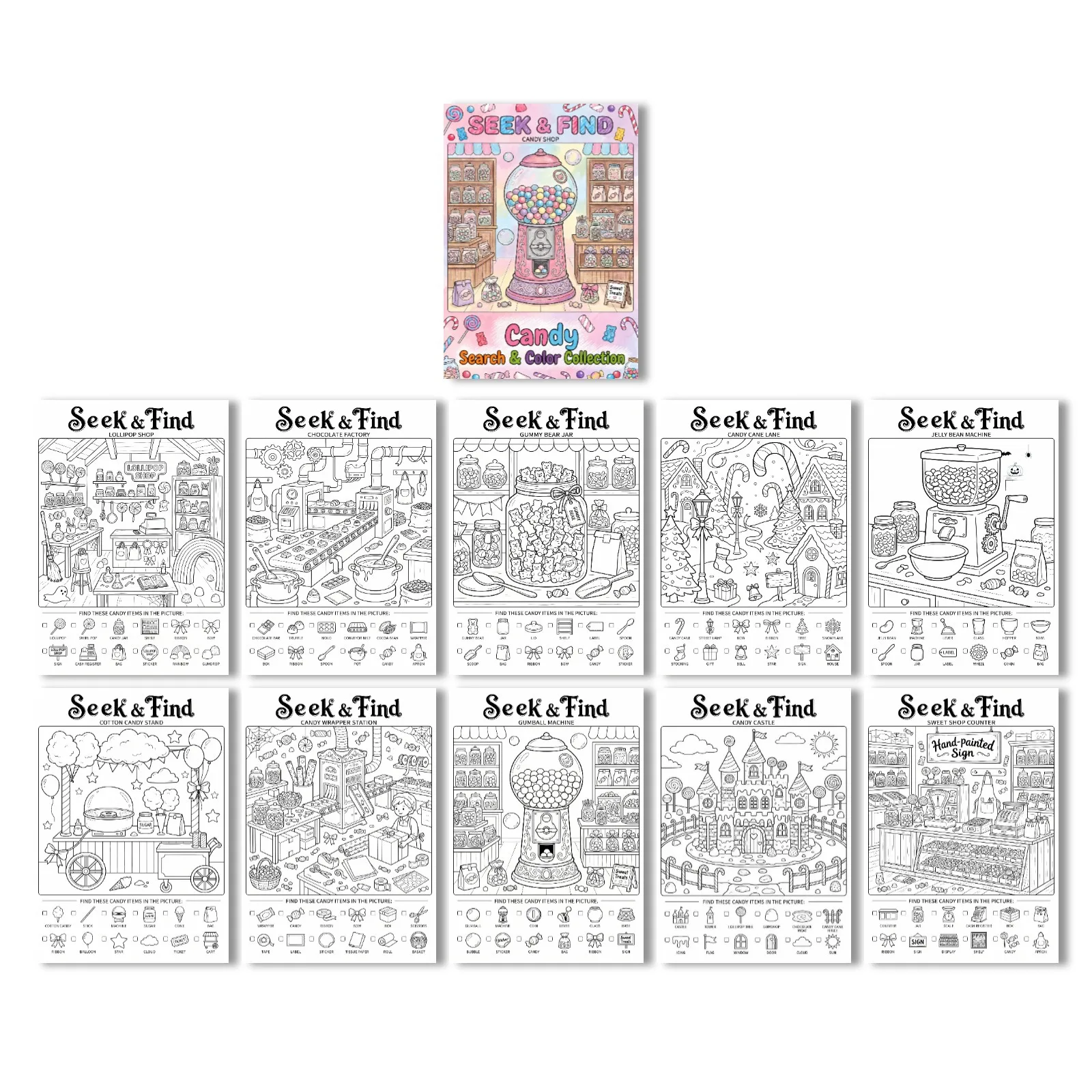 10pcs Per Pack Coloring Posters, Candy‑Themed Search‑and‑Find Hand‑Drawn Fun Graffiti Coloring Papers