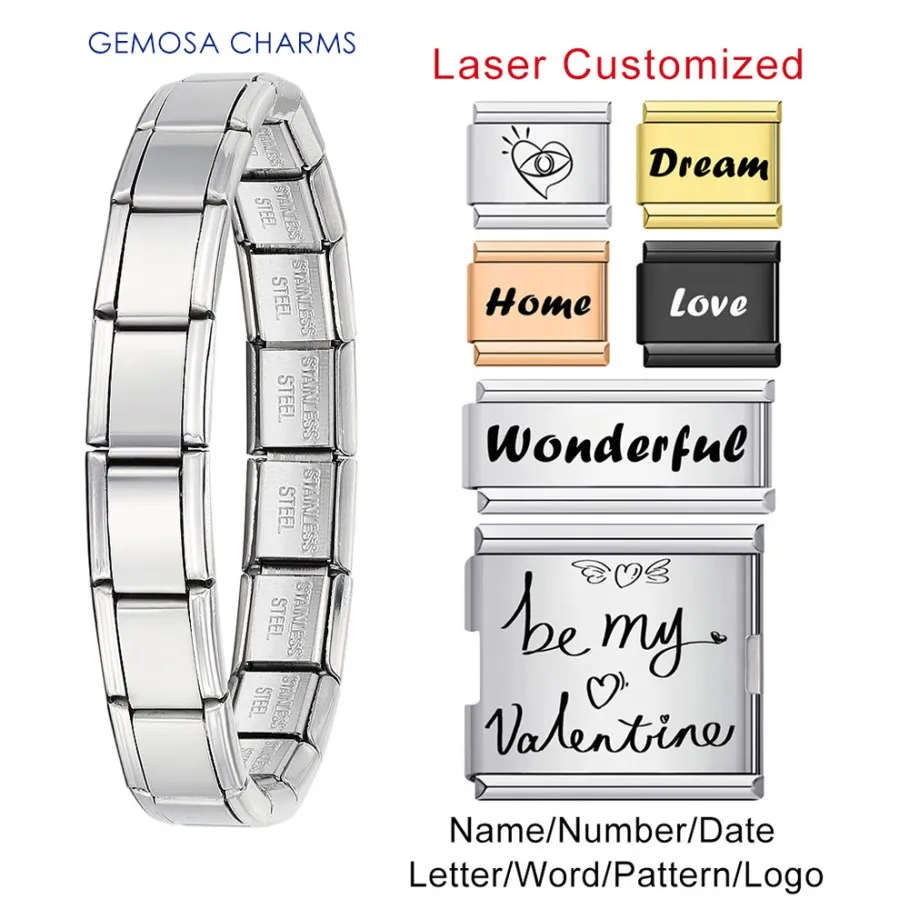 GEMOSA 1 Stück Nachrichtenlogo, Personalisierung, Laser-Massenanpassung, italienischer Charm-Link, passend für 9 mm Edelstahlarmband, DIY-Perlen