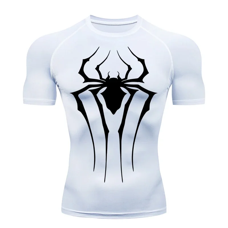 Spider Print Athletic Quick Dry Tshirts Tops Gym Workout Running Compression Shirts for Men Baselayers Undershirts Rash Guard