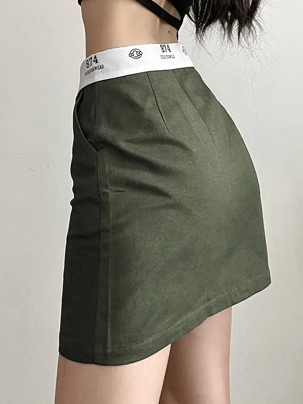 

High Waist A-Line Skirt Street Sle Pure Color Slim Fit Printed Flip Waist Spring Summer Faion for Young Women