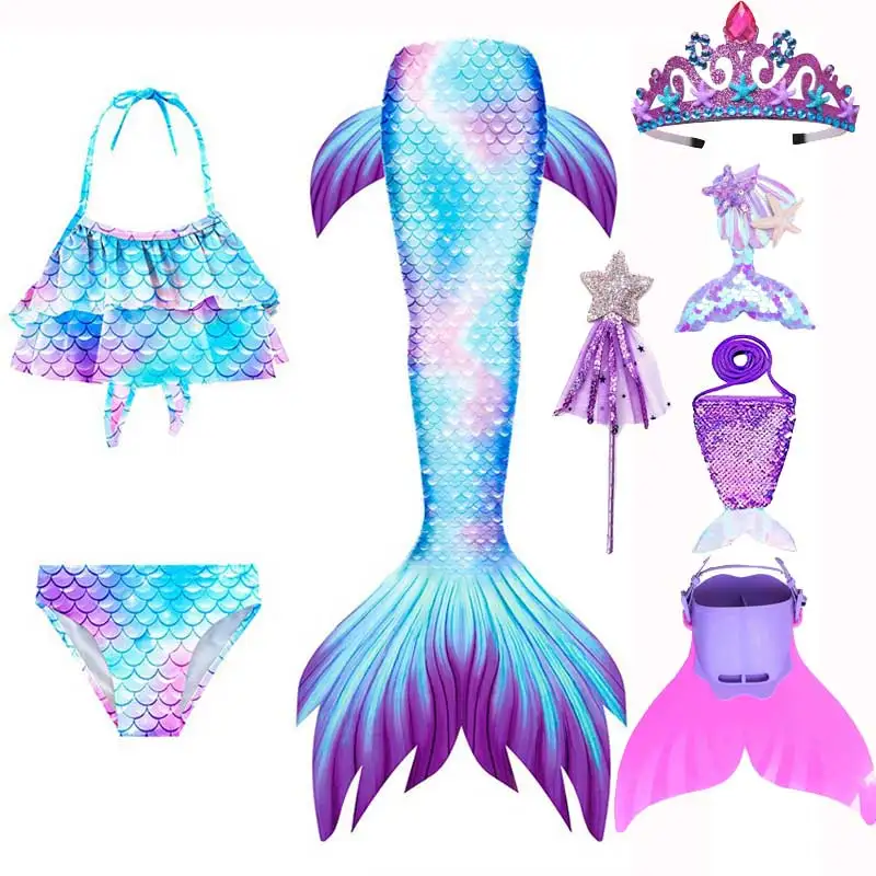 Детский синий красочный купальник с хвостом русалки для девочек, карнавальный костюм, можно добавить моноласт, пляжный купальник для бассейна