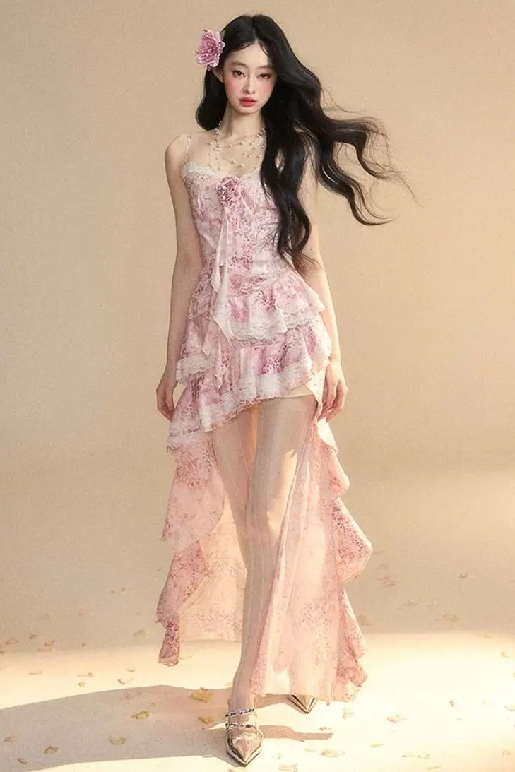 

French Style Floral Printed Strap Camisole Dress for Women Summer Waist Slimming Chic Spicy Girl Ruffle Irregular Short Dress