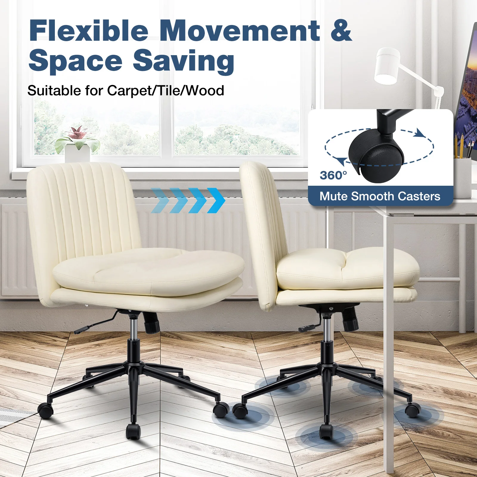 Armless Chair Low Back PU Leather With Height Adjustable With Wheels Swivel Office Computer Vanity Swivel Round Rolling Stool
