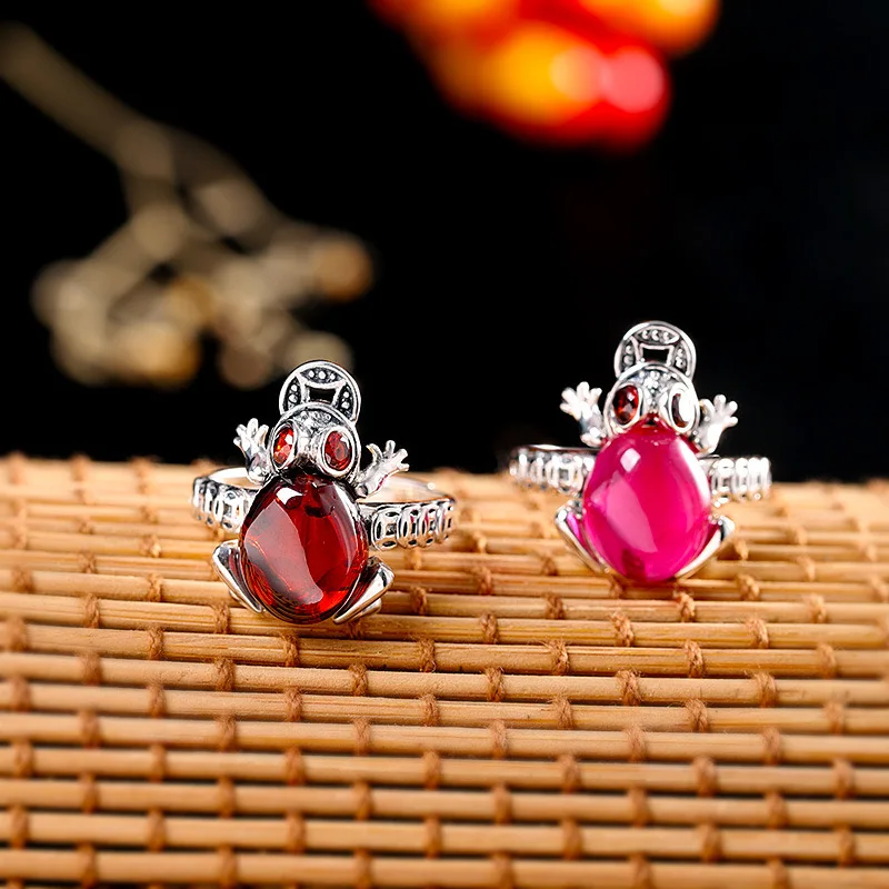 Amxiu Vingtage Open Ring Red Garnet 925 Sterling Silver Ring Animal Toad Frog Rings