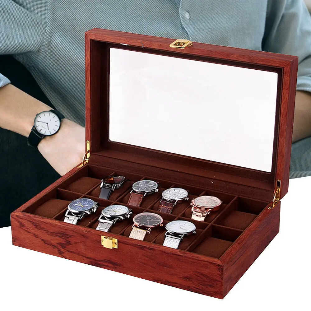 12-Slot Vintage Wooden Watch Display Case Box Organizer Jewelry Storage Case with Glass Top Lid for Shop Dressing Table