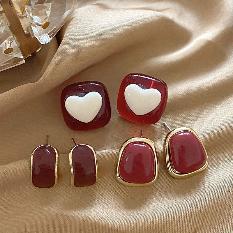 Minimalistische weinrote quadratische Ohrstecker für Damen, goldfarben, Kreis, Vintage-Geometrie, Herz-Ohrringe, 2025, neuer Design-Schmuck – Detail 3