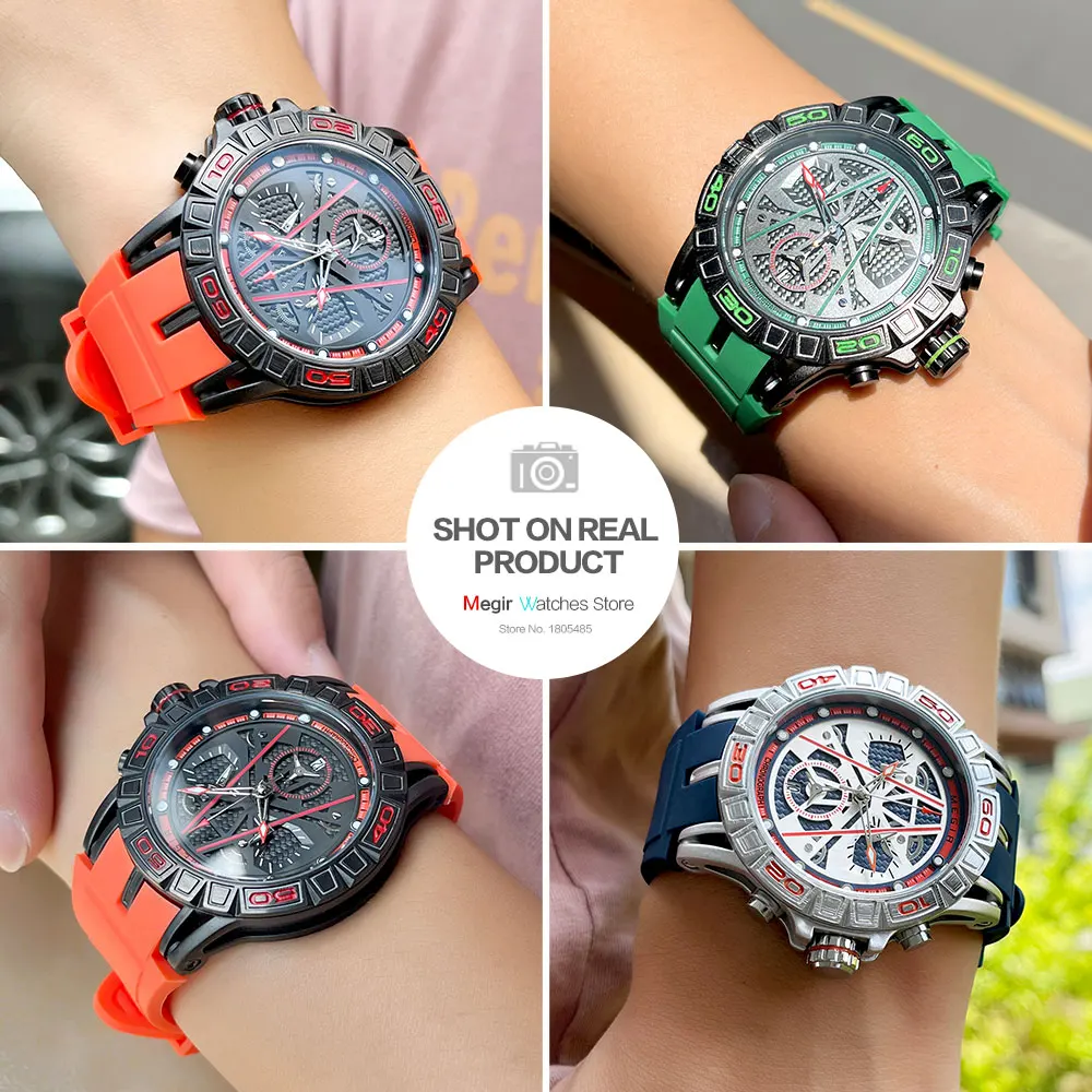 MEGIR Analog Quartz Watch for Men Fashion Silicone Strap Chronograph Waterproof Wristwatch with Auto Date Luminous Hands Green