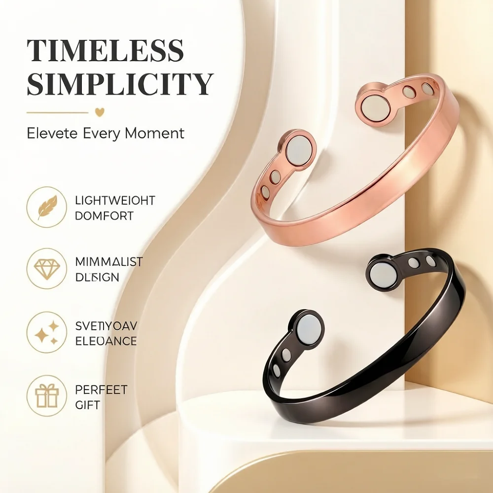 Magnetic Therapy Alloy Cuff Bracelet 5 Colors Rose Gold Black Silver Gold Tone Minimalist Health Jewelry for Women