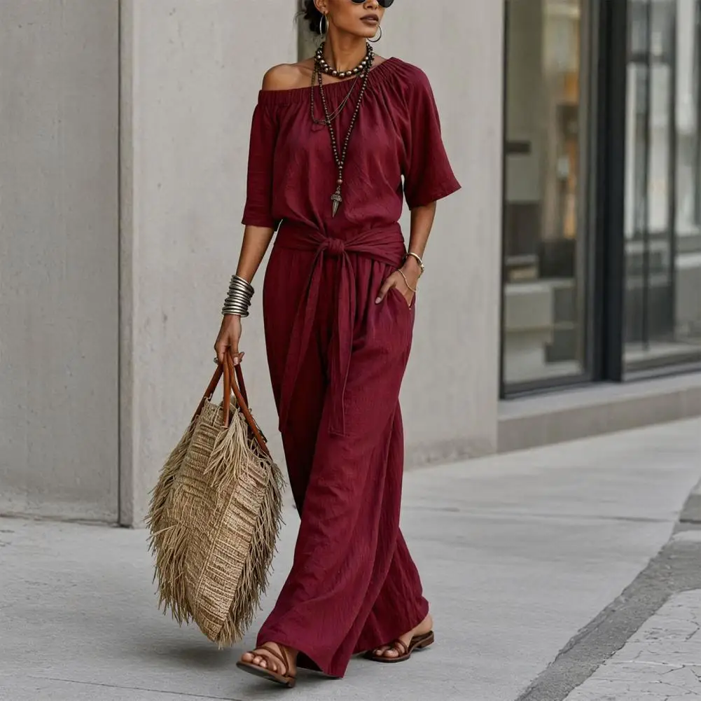 Plus Size Women Jumpsuit Polyester Jumpsuit Women's Off Shoulder Jumpsuit with Tie Waist Short Sleeve Wide Leg Rompers Summer