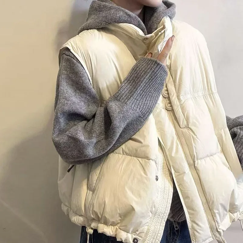 2026 Autumn/Winter Fashion Women's Hooded Down Vests Two-Button Down Jacket with Stand-Up Collar Slim-Fitting Vest Outerwear